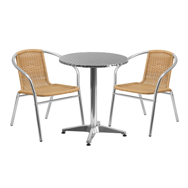 23.5'' Round Aluminum Indoor-Outdoor Table Set with 2 Beige Rattan Chairs