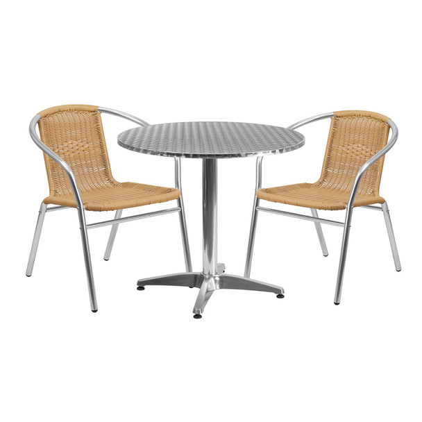 31.5'' Round Aluminum Indoor-Outdoor Table Set with 2 Beige Rattan Chairs