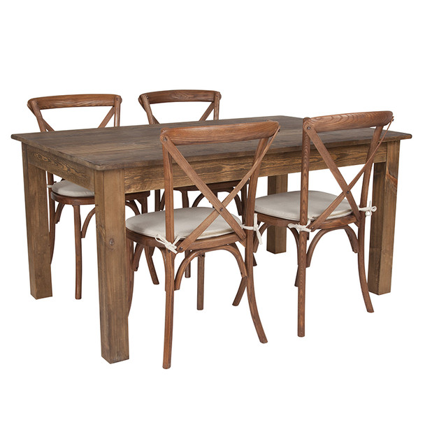 60" x 38" Antique Rustic Farm Table Set with 4 Cross Back Chairs and Cushions