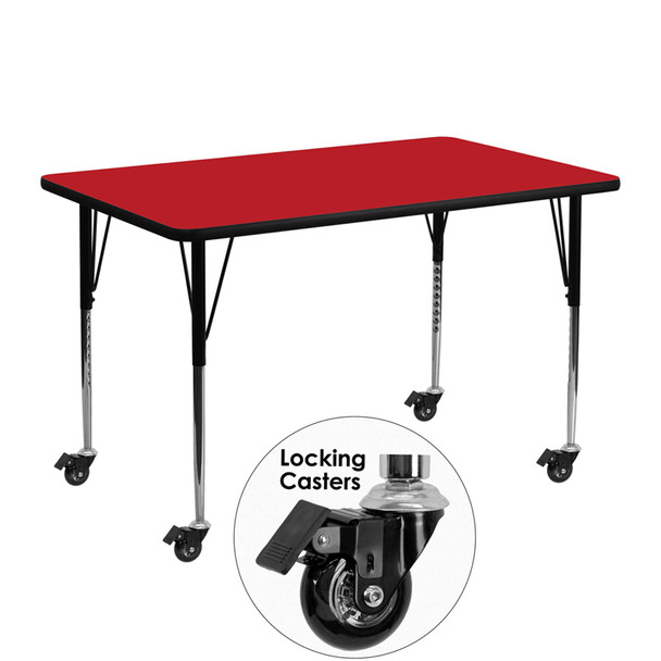 Mobile 24''W x 48''L Rectangular Red HP Laminate Activity Table - Standard Height Adjustable Legs