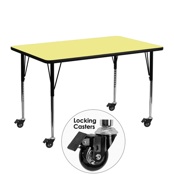 Mobile 24''W x 48''L Rectangular Yellow Thermal Laminate Activity Table - Standard Height Adjustable Legs
