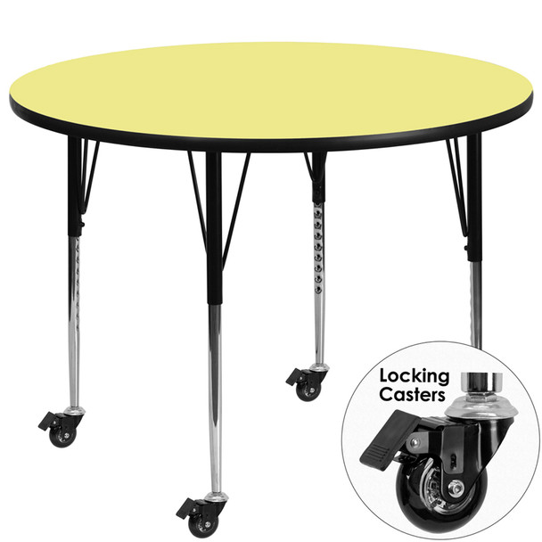 Mobile 42'' Round Yellow Thermal Laminate Activity Table - Standard Height Adjustable Legs