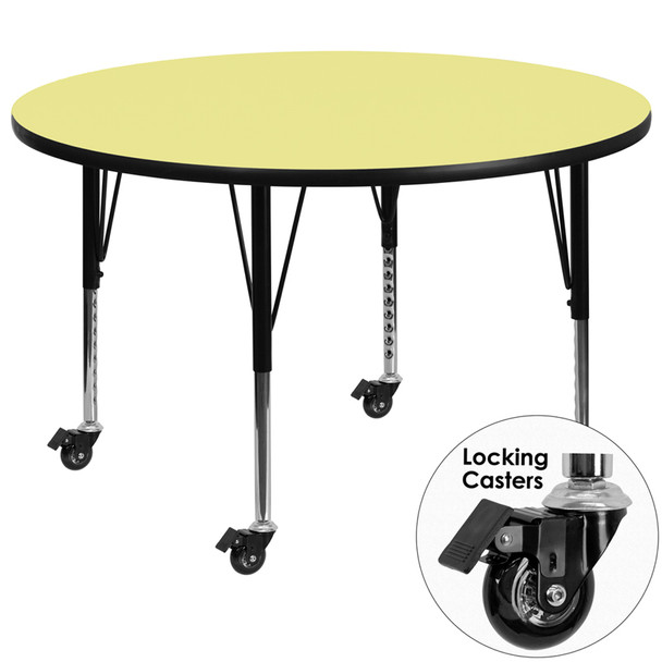 Mobile 42'' Round Yellow Thermal Laminate Activity Table - Height Adjustable Short Legs