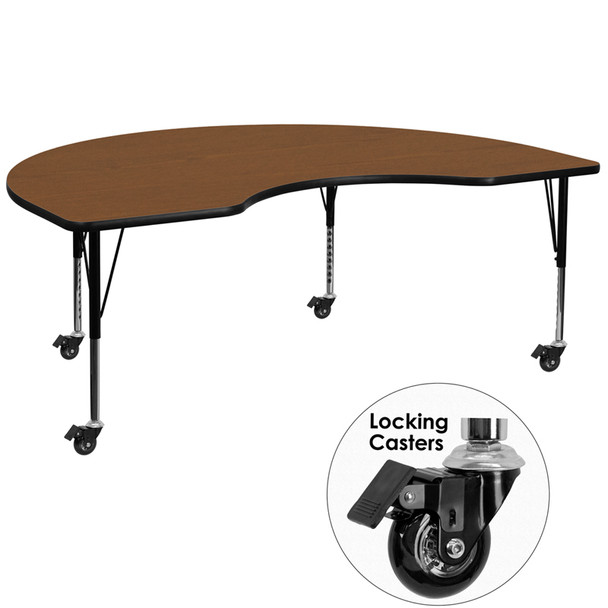 Mobile 48''W x 72''L Kidney Oak HP Laminate Activity Table - Height Adjustable Short Legs