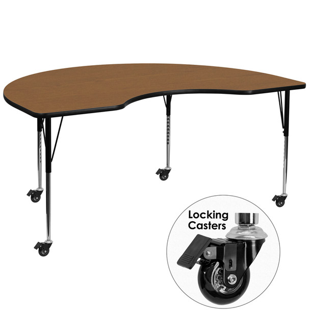 Mobile 48''W x 72''L Kidney Oak Thermal Laminate Activity Table - Standard Height Adjustable Legs