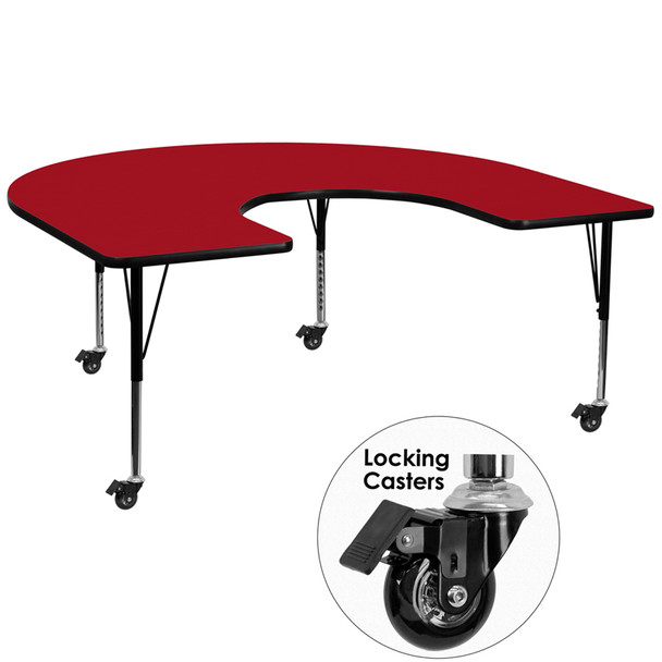 Mobile 60''W x 66''L Horseshoe Red Thermal Laminate Activity Table - Height Adjustable Short Legs