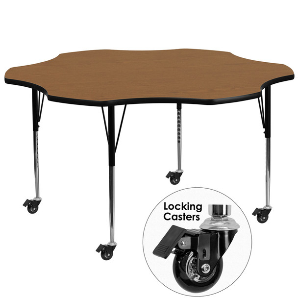 Mobile 60'' Flower Oak Thermal Laminate Activity Table - Standard Height Adjustable Legs