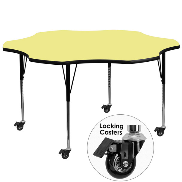 Mobile 60'' Flower Yellow Thermal Laminate Activity Table - Standard Height Adjustable Legs