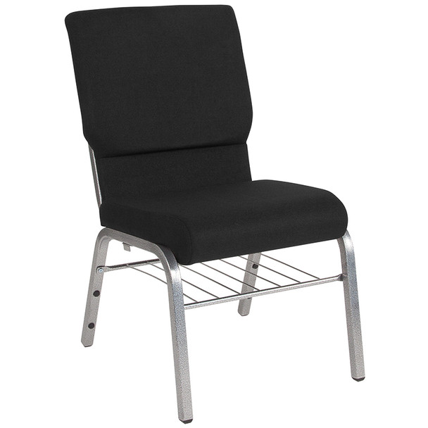 TYCOON Series 18.5''W Church Chair in Black Fabric with Book Rack - Silver Vein Frame