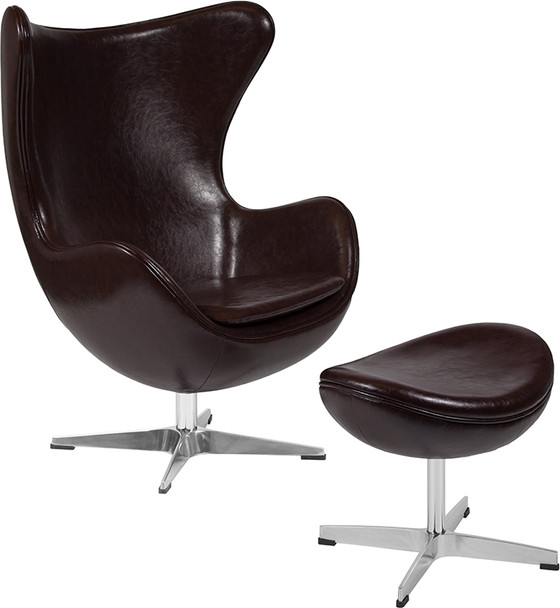 Brown Leather Egg Chair with Tilt-Lock Mechanism and Ottoman