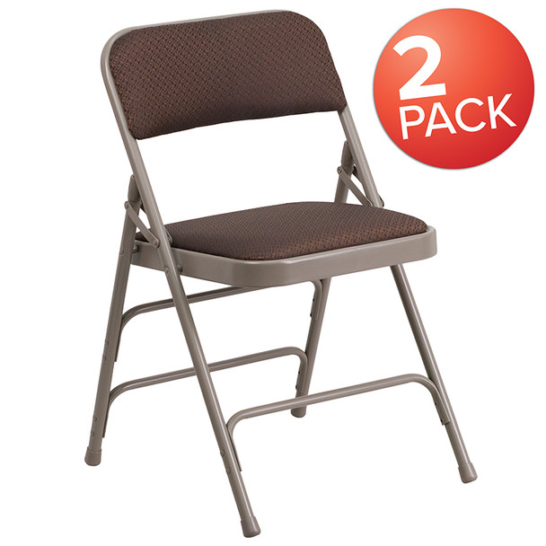 2 Pk. TYCOON Series Curved Triple Braced & Double Hinged Brown Patterned Fabric Metal Folding Chair