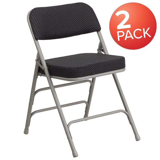 2 Pk. TYCOON Series Premium Curved Triple Braced & Double Hinged Black Pin-Dot Fabric Metal Folding Chair