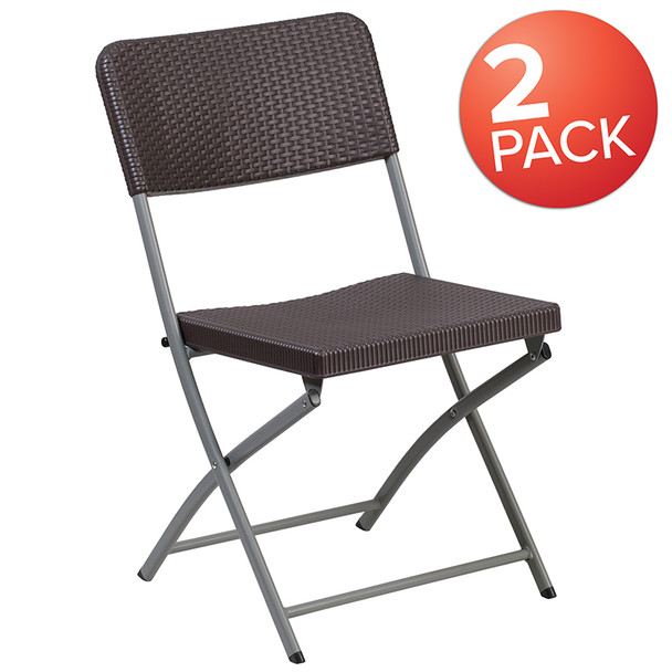 2 Pk. TYCOON Series Brown Rattan Plastic Folding Chair with Gray Frame