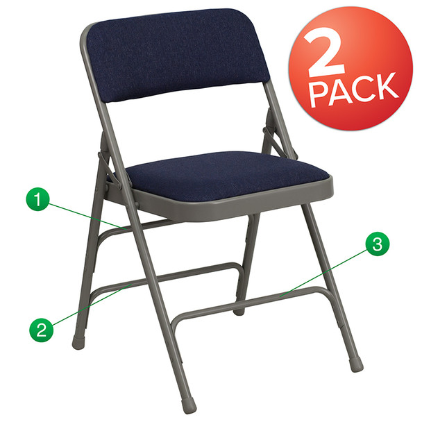 2 Pk. TYCOON Series Curved Triple Braced & Double Hinged Navy Fabric Metal Folding Chair