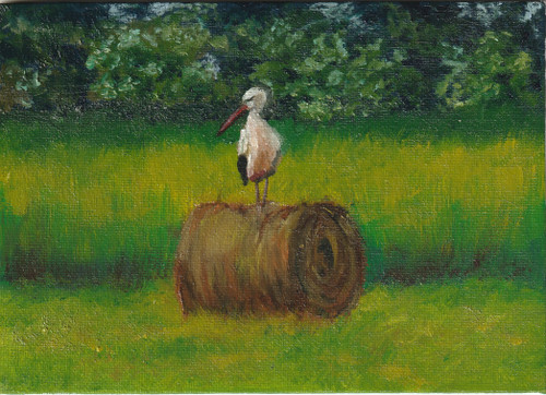Original Hand Paint Oil Painting on the Canvas Panel "Stork" 5x7"