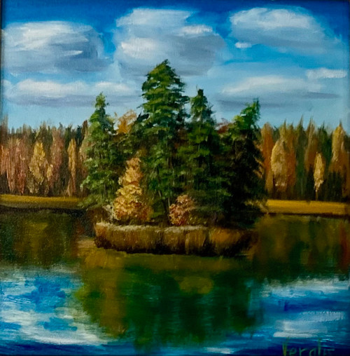 Original Hand Paint Oil Painting on Canvas "Forest in Fall" 14x14"