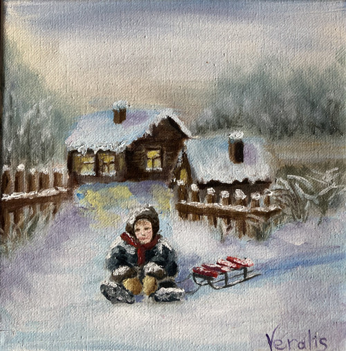 Original Hand Paint Oil Painting on the Canvas "Winter Activity" 8x8"