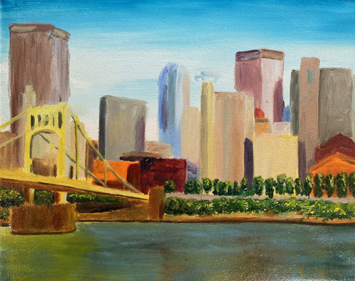 Original Hand Paint Oil Painting on the Canvas "Pittsburgh Morning" 8x10"
