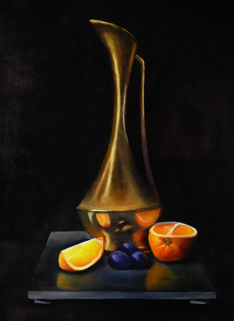 Original Hand Paint Oil Painting on Canvas "Pitcher and Oranges"  19.6x27.5"