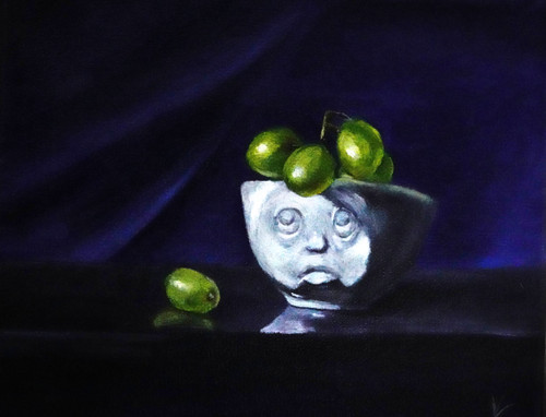 Original Hand Paint Oil Painting on Canvas "Resentfull bowl and green Grape" 8x10"