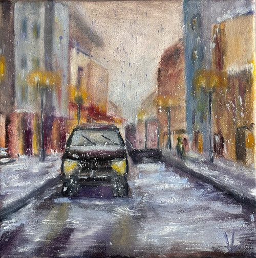 Original Hand Paint Oil Painting on the Canvas "Snow in the City" 8x8"