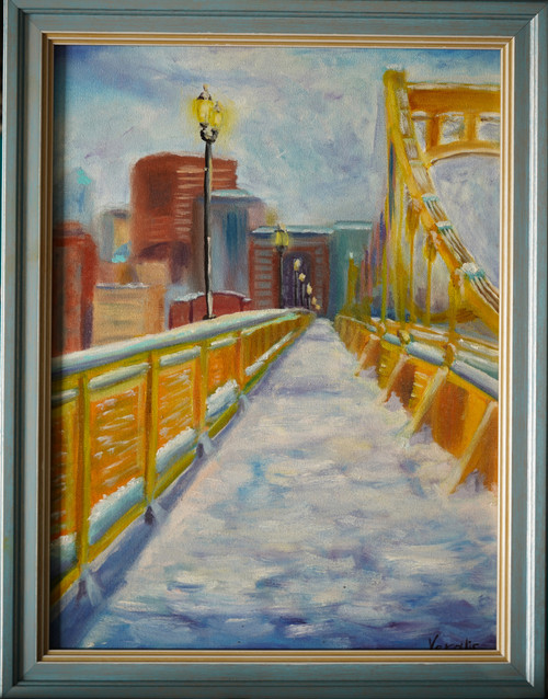 Original Hand Paint Oil Painting on Canvas "Snow Day in Pittsburgh" 12x16"