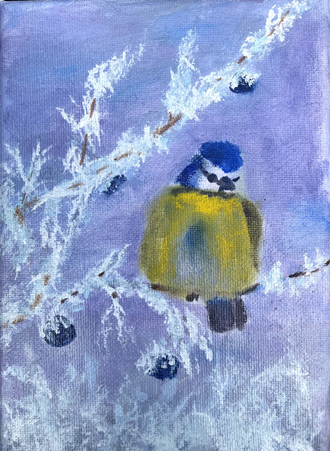Original Hand Paint Oil Painting on the Canvas "Blue Tit" 5x7"