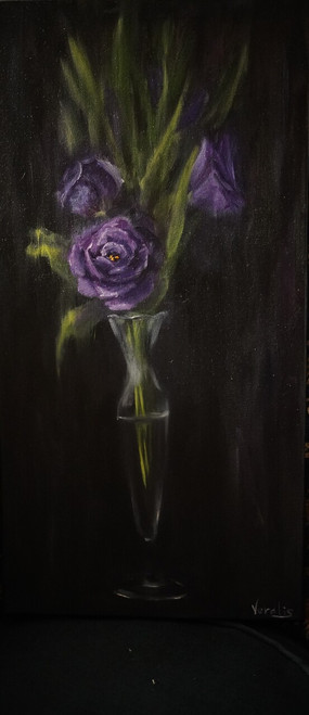 Original Hand Paint Oil Painting on Canvas "Purple Flowers" 12x24"