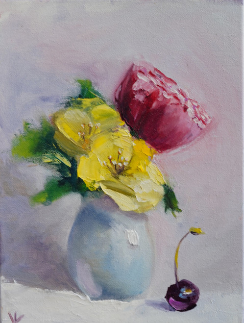 Original Hand Paint Oil Painting on Canvas "Yellow Roses in the Vase" 9x12"