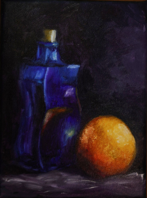 Original Hand Paint Oil Painting on Canvas "Blue Bottle and Orange" 6x8"