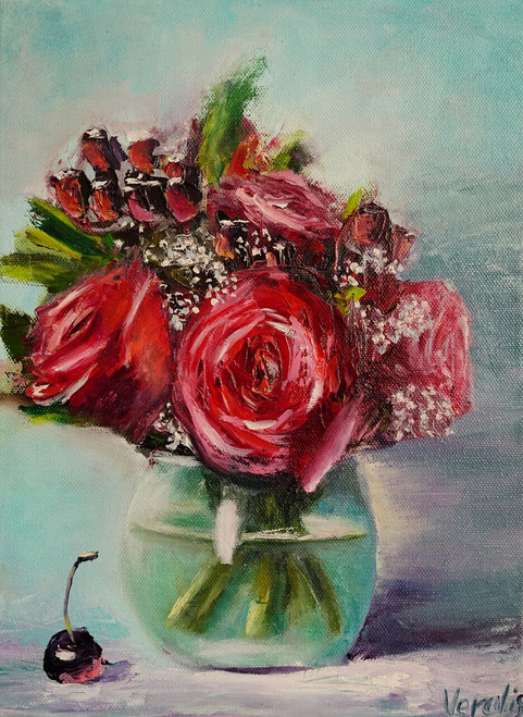 Original Hand Paint Oil Painting on Canvas "Roses in the glass vase" 9x12"