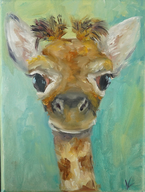 Original Hand Paint Oil Painting on Canvas "Giraffe" 6x8"