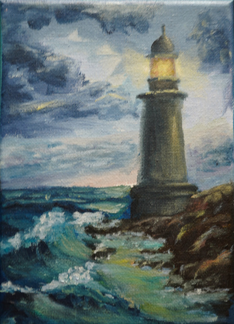 Original Hand Paint Oil Painting on the Canvas Panel "Lighthouse" 5x7"