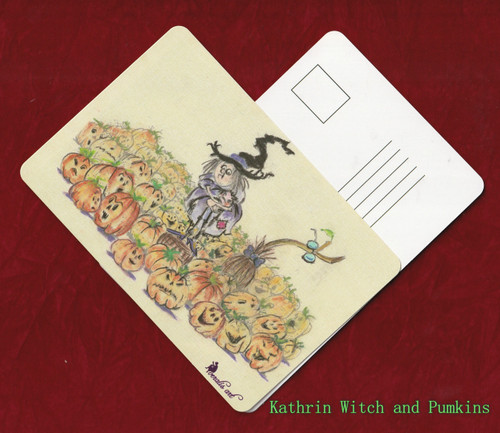 Veralis Funny Collectable Greeting Post Card Halloween "Kathrin Witch and Pumkins"