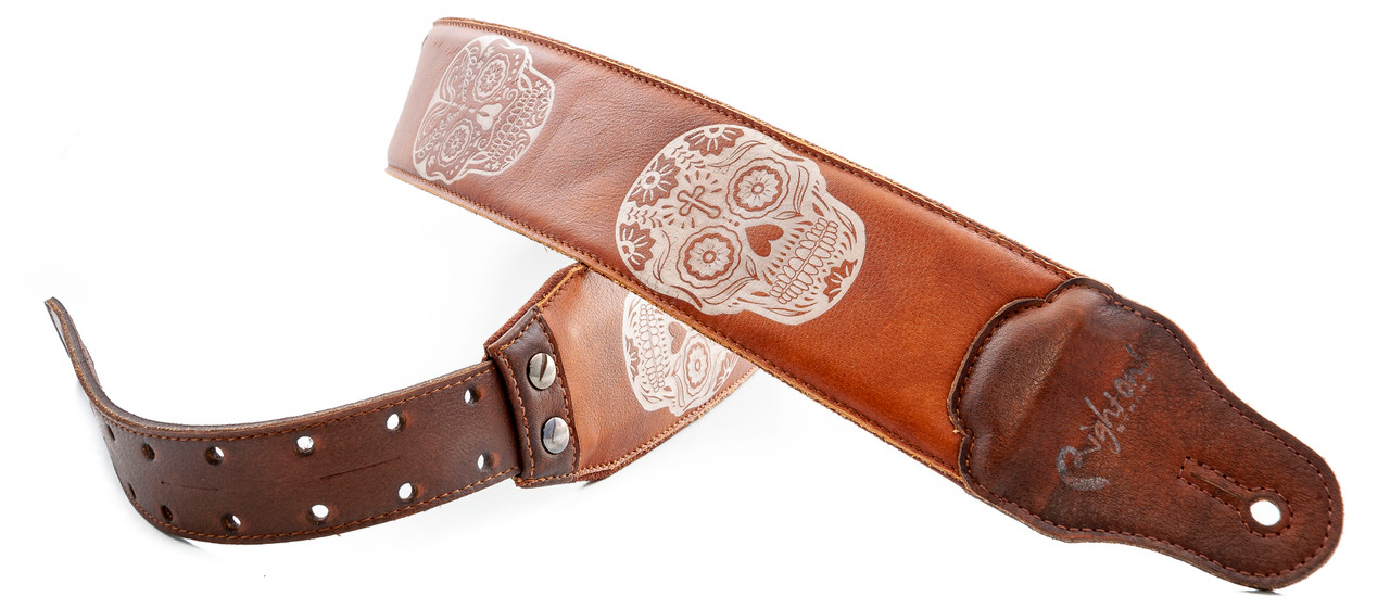 ★87MM★ Mmlg VTG SUPPLY HFT WOODY BROWN Righton Leathercraft Sugar Skulls Guitar Strap