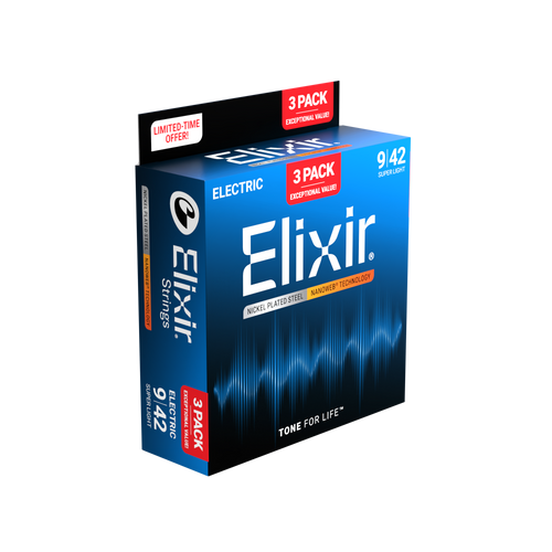 Elixir® Electric Guitar Strings with NANOWEB® Technology gauges 9-42; 3-Pack