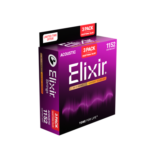 Elixir Nanoweb 80/20 Bronze Acoustic Guitar Strings 11-52;  3-pack