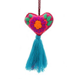 Mexico and Central America Flower Rococo Embroidered Felt Heart Ornament / Decoration with Blue Tassel