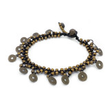 India and Asia Thai Brass Anklet with Coin Charms and Bells - Dark Brown
