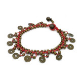 India and Asia Thai Brass Anklet with Coin Charms and Bells - Red