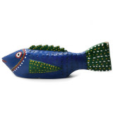 Africa Hand Painted Wooden Bozo Fish Puppet, Blue & Green - Mali, West Africa 