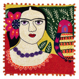 India & Asia Embroidered Frida Kahlo Zippered Pillow Cover - Frida with Parrot, 18" x 18" (Cover ONLY), Fair Trade 