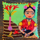 India & Asia Embroidered Frida Kahlo Zippered Pillow Cover - Frida with Cat, 18" x 18" (Cover ONLY), Fair Trade 