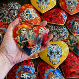 South America Gold Trimmed Puffy Metal Heart Day of the Dead Ornament - Skeleton Trio with Flowers and Sugar Skull 