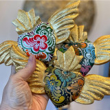 Mexico Hand Painted Gold Winged Heart Wall Hanging with Green Flower, Handmade Fair Trade from Mexico 