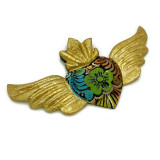 Mexico Hand Painted Gold Winged Heart Wall Hanging with Green Flower, Handmade Fair Trade from Mexico 