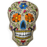 South America Large Embroidered Sugar Skull / Dias de los Muertos Pillow with Orange Eyes, Fair Trade, Made in India 