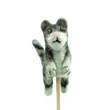 Handmade Felt Gray Striped Cat Finger Puppet / Ornament from Nepal