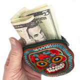 Embroidered Cloth Sugar Skull / Day of the Dead Coin Purse - Blue & Turquoise Trim, from India