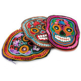 Embroidered Cloth Sugar Skull / Day of the Dead Coin Purse  - Orange & Red Trim, from India